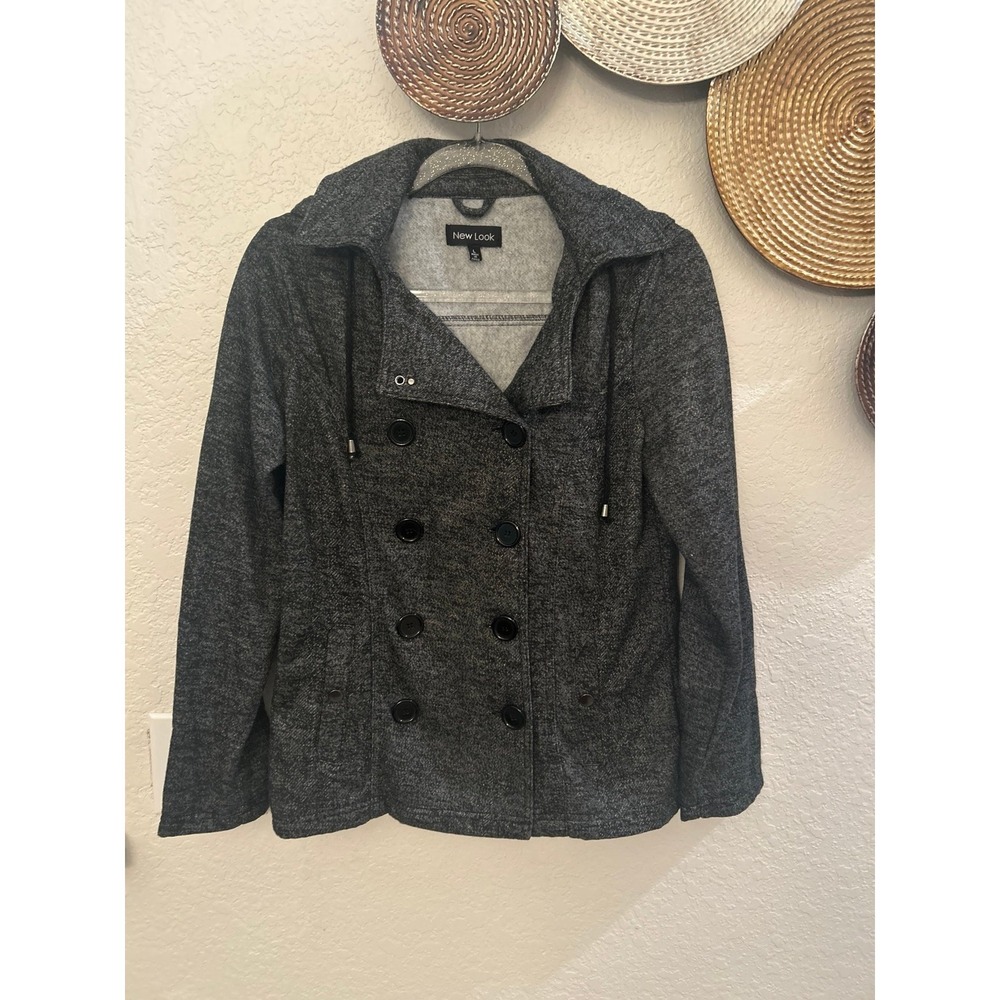 New Look Women's Double Breasted Jacket grey fabric hood size Large